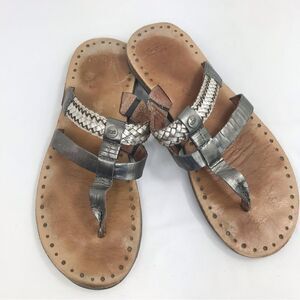 UGG Audra Metallic Silver Braid Leather Double Strap Thong Slide Boho Sandals
